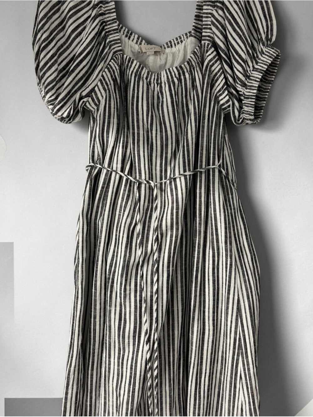LOFT Black and White Vertical Stripe Puff Sleeve Dress